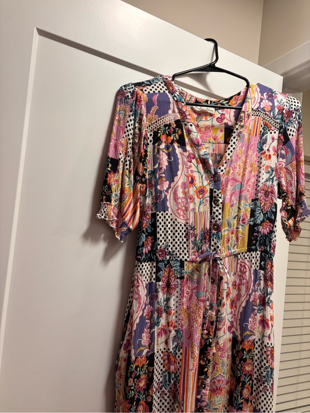 Boho Floral Patchwork Maxi Dress with Tie Waist - Pink Multi